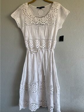 Fever White Crochet Floral Knit Mini Dress NWT Boho Festival Summer Beach Cover